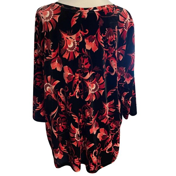 CATHERINES PETITE 1XWP VELVET FLORAL TUNIC TOP BLACK RED STRETCH 3/4 SLEEVE - Picture 5 of 10